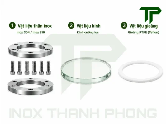 Vật liệu thường dùng cho kính mặt bích inox quan sát bồn tank
