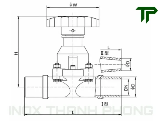Bản vẽ kỹ thuật van màng đơn inox vi sinh Silicon