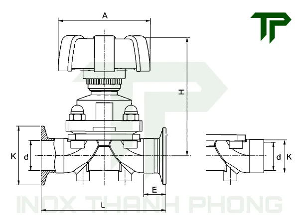 Bản vẽ kích thước của van màng kép vi sinh (PTFE + EPDM) inox 316L