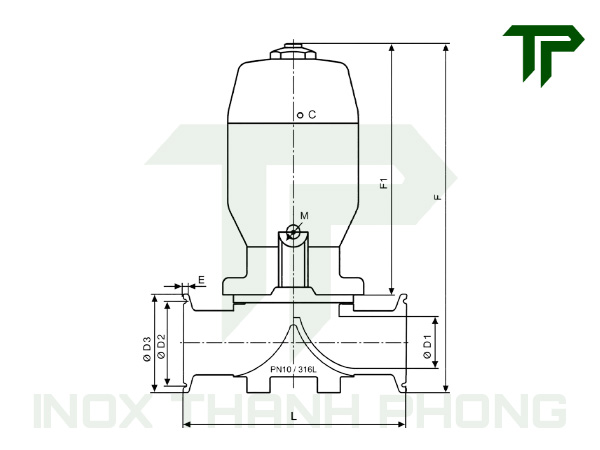 Bản vẽ thông số kích thước của van màng khí nén inox vi sinh