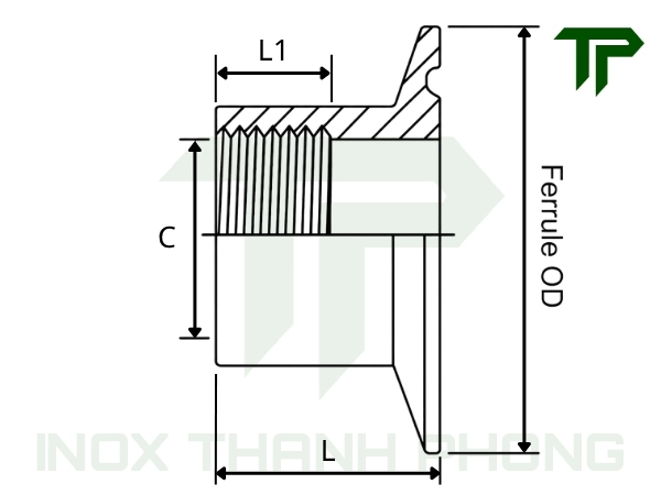 Bản vẽ thông số kích thươc của mặt clamp ren trong inox