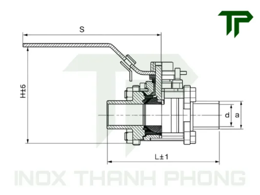 Bản vẽ kích thước van bi 3PC hàn inox vi sinh tay gạt có khóa