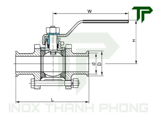 Bản vẽ kỹ thuật van bi 3PC nối clamp tay gạt