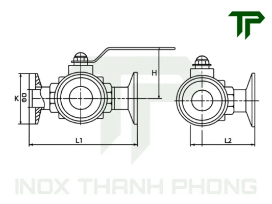 Bản vẽ kỹ thuật van bi vi sinh 3 ngả nối clamp