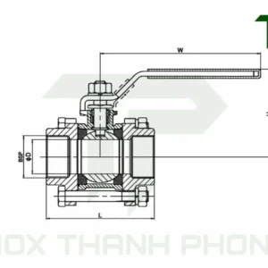 Bản vẽ kỹ thuật van bi 3pc nối ren tay gạt