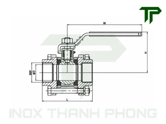 Bản vẽ kỹ thuật van bi 3pc nối ren tay gạt