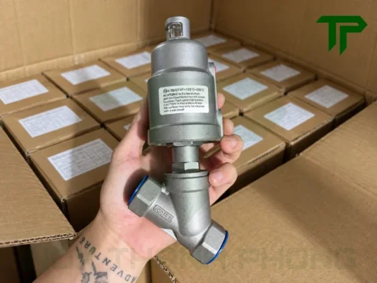 Van xiên khí nén inox nối ren